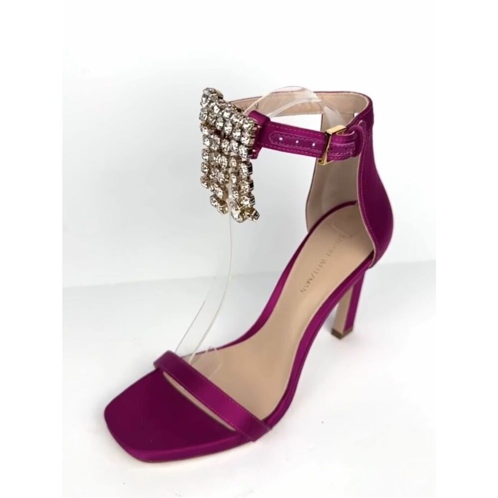 New Stuart Weitzman Fuchsia Satin 100MM Swarovski Fringes High Heels Sandals 6,5